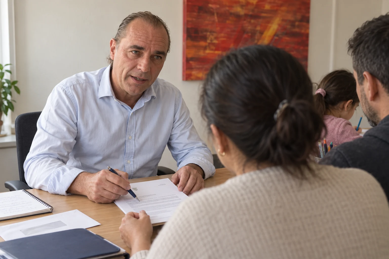 Sven conversa con una familia y revisa sus documentos en una oficina luminosa.
